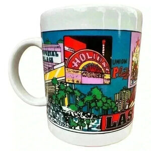 Vintage 90s Las Vegas casino hotels travel souvenir collector mug multicolored